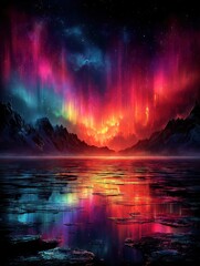 Vibrant cosmic landscape with colorful reflections on water.