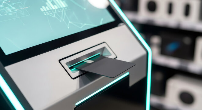 Credit card inserted into self-service cash terminal. Payment system with modern technology. Contactless payment concept.
