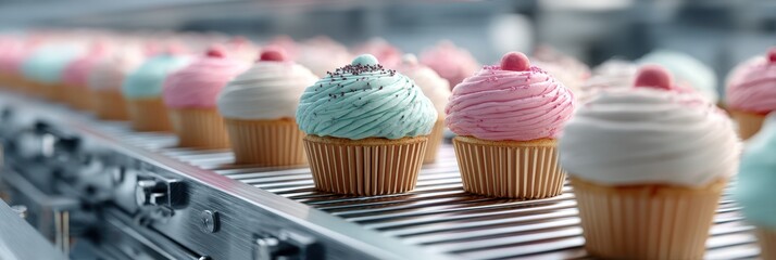 Colorful cupcakes moving along a conveyor belt in a modern bakery during daytime production