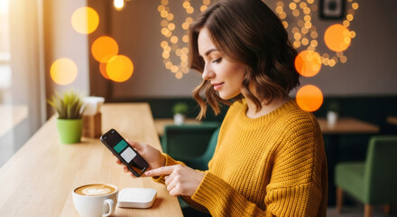 Woman using smartphone contactless payment in cafe for digital shopping. Modern financial technology. Mobile banking system.