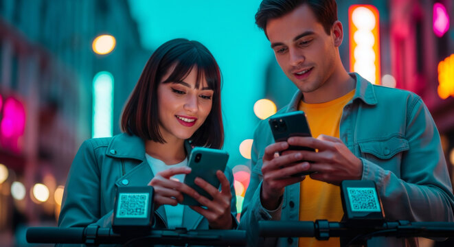 Woman and man using smartphone to scan QR code. Contactless payment system. Future technology, mobile application.