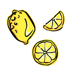 Set of colored lemons with lemon slices in line art and doodle style. Hand drawn citrus fruits vector collection perfect for summer design, kitchen decor, packaging, cards, and illustrations.