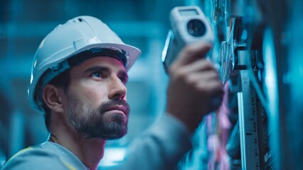 Technician scanning equipment with thermal imaging camera data center technical inspection server room close-up equipment analysis