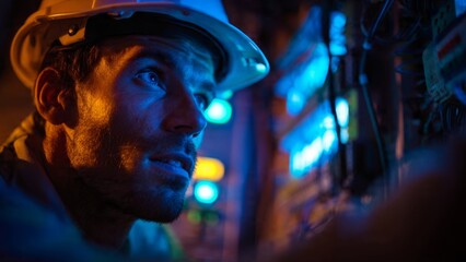Focused male technician in hard hat working on electrical systems darkened electrical room monitor glow illuminating content industrial environment professional viewpoint technical concept