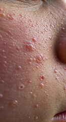 Fototapeta premium Close up of a boy with skin inflammation on his cheek. Childhood skin disease concept. Problematic skin condition.