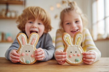 Siblings smiling and holding decorated Easter bunny cookies indoors