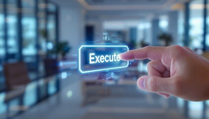Finger tapping glowing execute button on minimalist holographic transaction panel in modern business environment