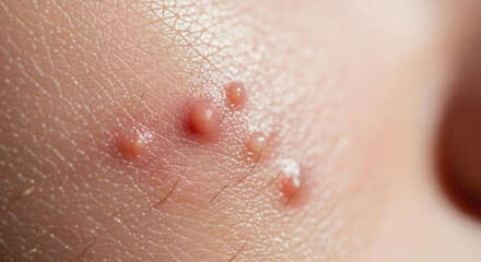 Fototapeta premium Closeup of a caucasian man's skin with inflamed pimple acne and small hair follicle, dermatitis concept for dermatology medicine.