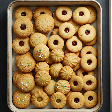 A baking tray filled with a delicious assortment of homemade butter cookies, petit four
