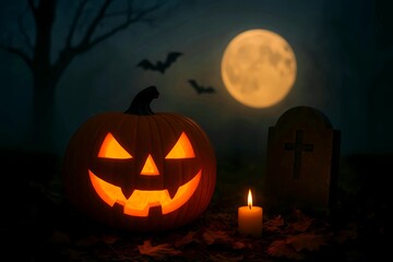 Halloween night with a glowing jack-o'-lantern, candle, tombstone, full moon, and bats in a misty forest. Spooky and atmospheric holiday scene.