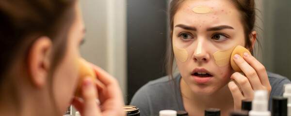 Young woman with acne applying makeup foundation on face with sponge. Skin care problem and dermatology concept. Teenager struggling with breakouts.