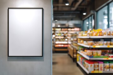 Blank framed sign on textured wall invites custom messaging beside brightly stocked grocery store aisles, perfect for retail promotions and advertising