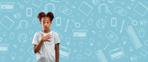 A child stands in front of a bright blue background filled with school-related icons. The child looks surprised and gestures with one hand, showcasing a moment of active expression and curiosity.