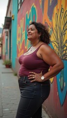 Naklejka premium Confident woman standing in front of colorful graffiti wall on urban street, wearing casual outfit and smiling