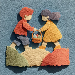 Children exchanging Easter basket while walking on colorful landscape  