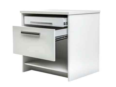 White filing cabinet with open drawer and shelf isolated on transparent background
