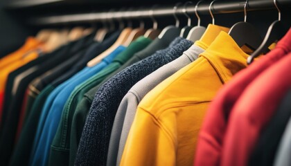 Fototapeta premium The image shows multiple sweaters of various colors neatly arranged on hangers in a clothing store.