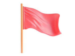 A bright red flag waving on a wooden pole isolated on transparent background