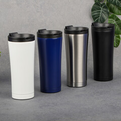 Set Of Four Reusable Travel Mugs In White, Blue, Stainless Steel, And Black With Lids