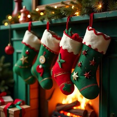 hanging green christmas stockings filled with gifts, copyspace, green background
