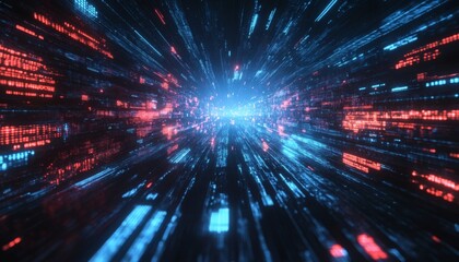 The illustration shows a digital tunnel with red and blue data streams moving rapidly through a dark space, creating a sense of speed and flow.