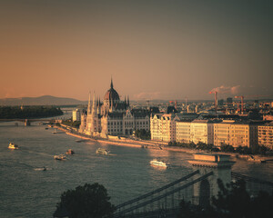 Budapest Parliament and Chain Bridge at Sunset on the Danube
