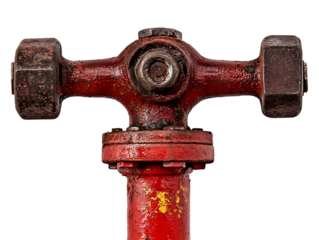 Close up of a red metal industrial valve with a rustic weathered texture isolated on transparent background