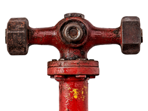 Close up of a red metal industrial valve with a rustic weathered texture isolated on transparent background