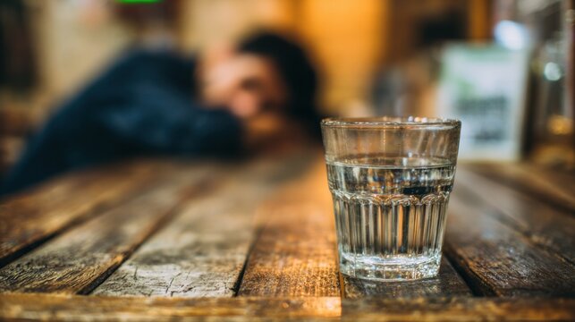 A glass of water sits on a wooden table, with a blurred person in the background. The scene suggests exhaustion, dehydration, or potential recovery