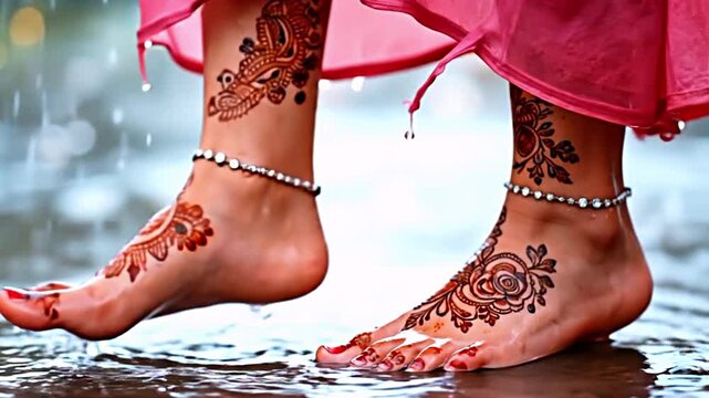 Henna Art and Anklets Dancing in the Rain, Beautiful Feet with Mehndi Playing in Water, Elegance in Every Step: Mehndi & Rain Moments