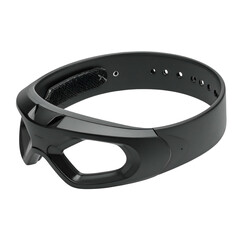 Sleek, modern black device, possibly head-mounted, featuring an eye-shaped aperture, adjustable strap with hook-and-loop fastener, and a minimalist, futuristic design, presented on a black...