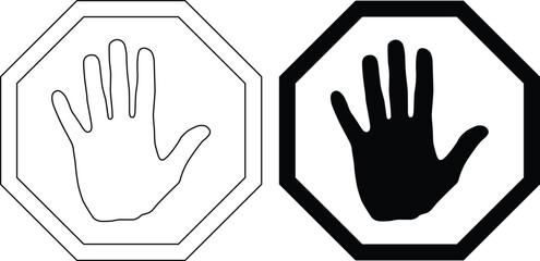 Octagonal stop sign silhouette with hand symbol isolated on white background