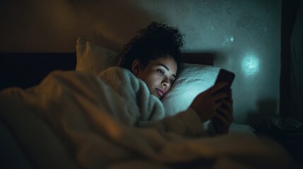 A woman using a smartphone in bed, illuminated by the screen's glow in a dimly lit room