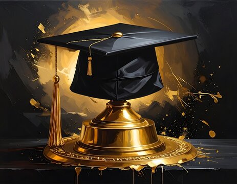 A meticulously detailed graduation cap, exquisitely presented on a golden pedestal, bathed in a rich, dramatic light.