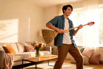 Smiling young man pretending to play guitar with broom in cozy sunlit living room during playful and carefree moment