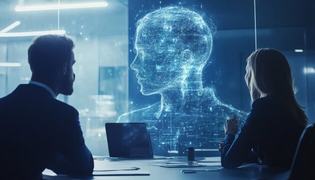 Two business professionals sit at a table in an office, observing a large digital projection of a futuristic human head that appears as a wireframe.
