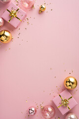 A vertical stylish pink background hosts wrapped gifts, shiny baubles, and glittery confetti,...