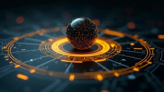 Technological background with digitally animated yellow circles with data and sphere in center rotating against dark background.