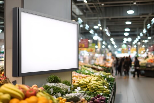 Blank digital screen display above fresh produce aisle in a vibrant, well-lit supermarket ready for your impactful advertisement