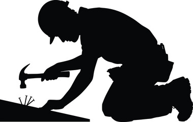 Construction worker hammering nails silhouette, carpenter kneeling with hammer tool, skilled labor silhouette, builder working on wood craft illustration