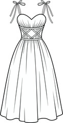 Sleeveless dress fashion sketch, sweetheart neckline, bow strap detail, corset waist design, pleated skirt, technical CAD drawing, flat vector illustration