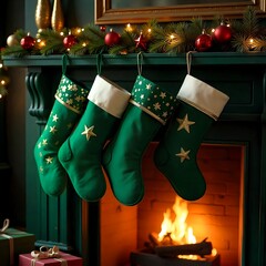 hanging green christmas stockings filled with gifts, copyspace, green background