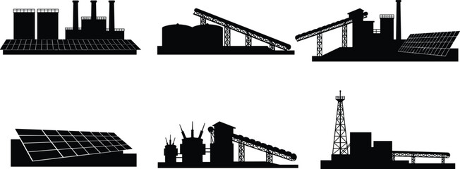 Naklejka premium Industrial energy facilities, solar panel vector, oil derrick illustration, conveyor system plant, technical flat drawing, hybrid power infrastructure, industrial design set