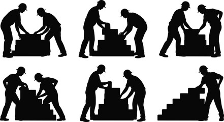 Silhouettes of construction workers laying bricks and building walls, masonry contractor illustration, bricklayer laborer teamwork, builder construction site worker vector set