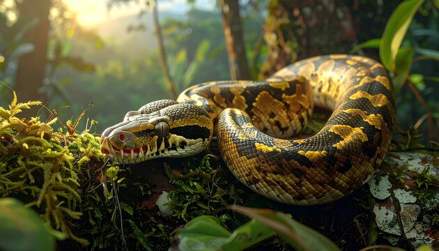 A striking ball python rests gracefully on a mossy forest branch, bathed in the warm glow of sunlight filtering through the lush canopy.