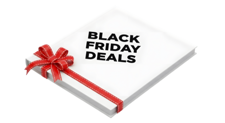Black friday deals text on a white gift box with red ribbon isolated on transparent background