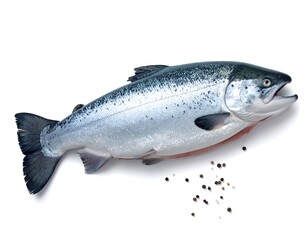 Obraz premium A whole, fresh salmon, showcasing its silvery scales and dark spots, lies against a pristine white background, with scattered peppercorns near its base.