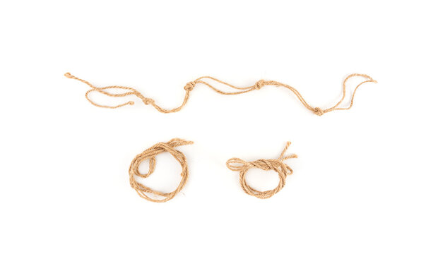 Twine rope piece isolated, jute loop fragment, beige packaging cord knots, old natural line cable