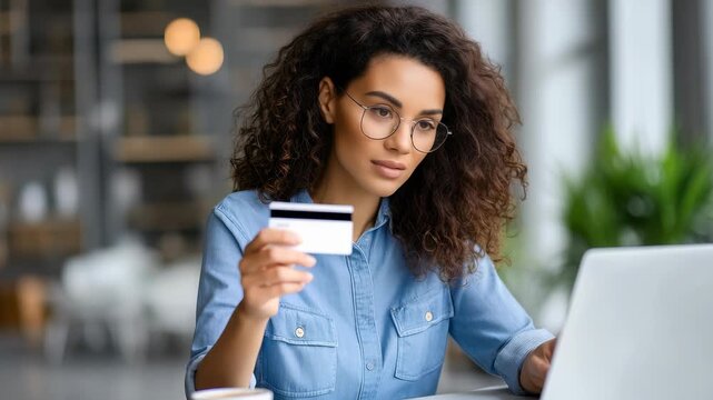 A stylish woman in casual denim attire makes an online purchase with her credit card, sitting at a trendy cafe. The scene highlights modern e commerce, digital payments, and remote work lifestyle