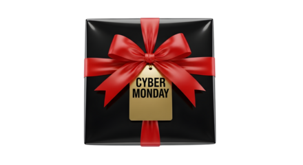 Black gift box with red ribbon and cyber monday tag, isolated on transparent background